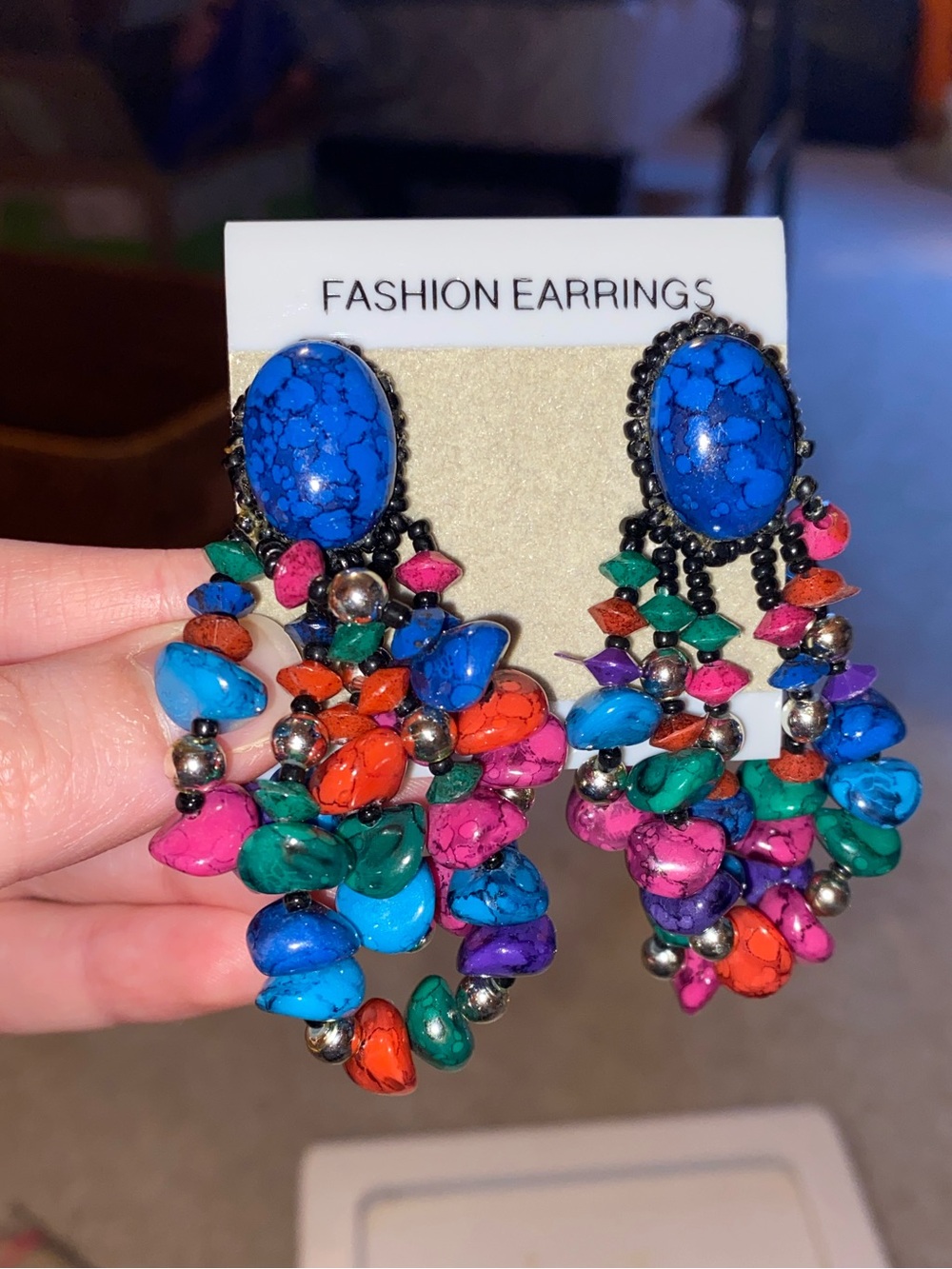 1980’s Colorful Blue Stone Oval Cluster Dangly Fashion Earrings